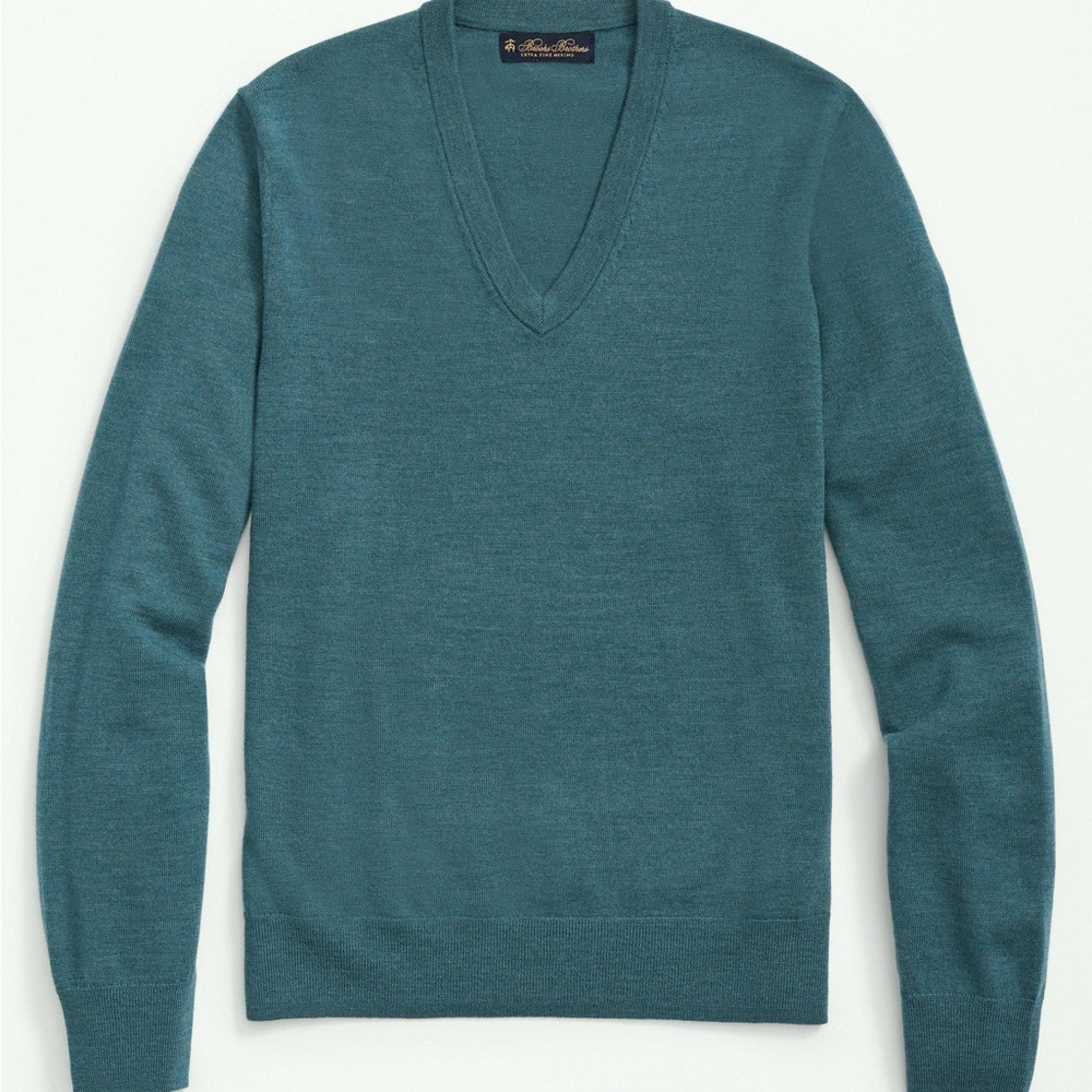 BROOKS BROTHERS 100% Fine Merino Wool V-Neck Pullover in Teal